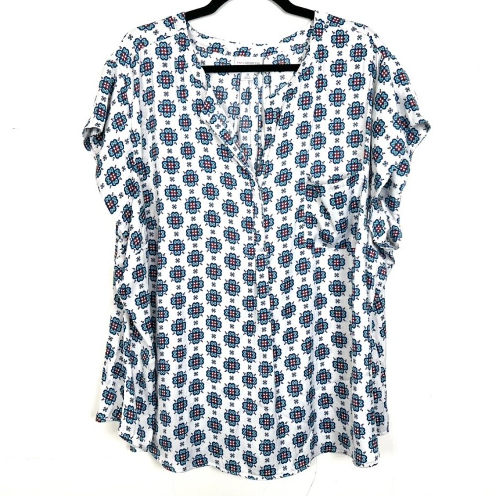 Liz Claiborne Blouse Blue White Print Henley Pocket Chiffon Top 3X